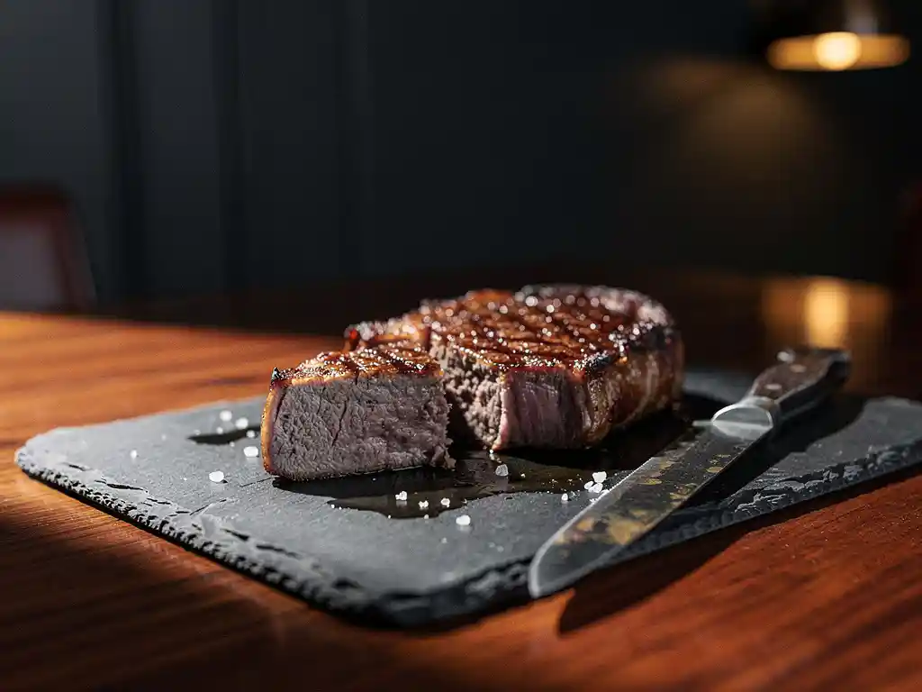Overcooked ribeye steak with grey interior on a dark slate board beside a steak knife, dramatic side lighting in a moody restaurant setting.