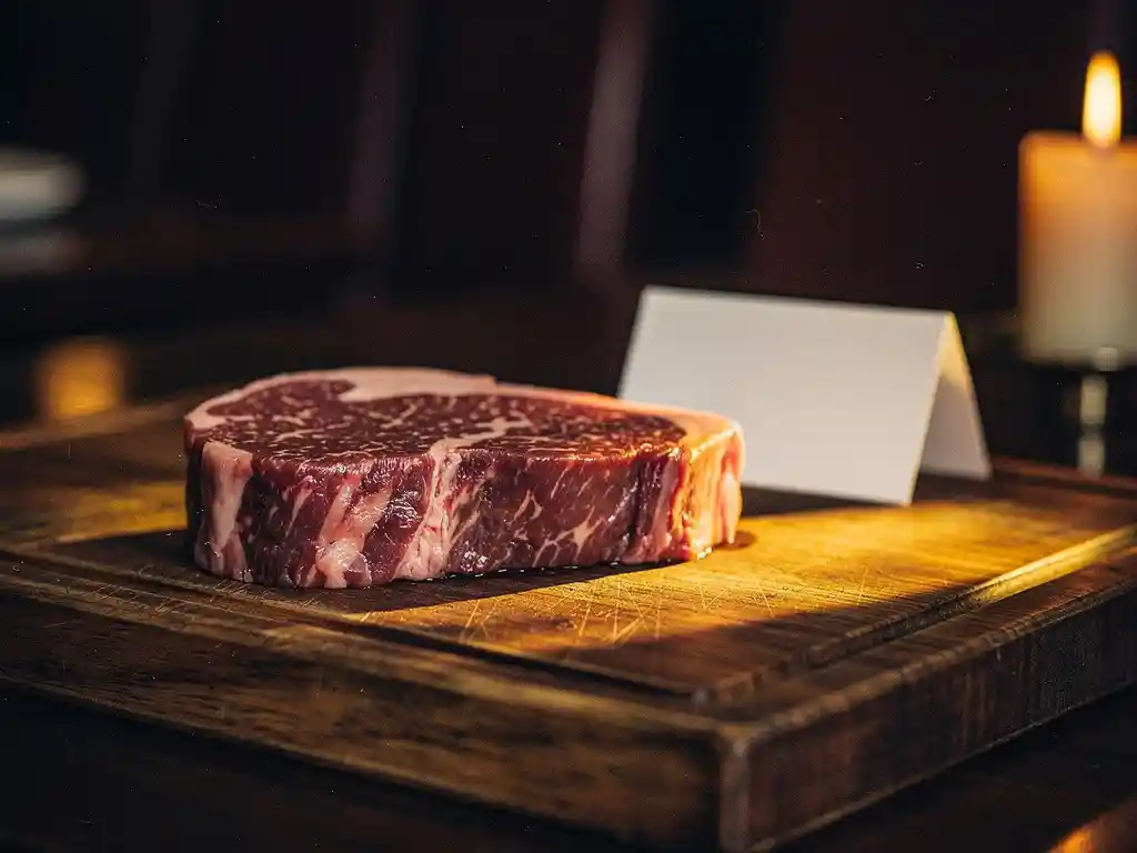 Dik rauw premium steak met zichtbare marmering op een verouderd houten snijplank, met provenance-kaart en kaarslicht in donker restaurant.