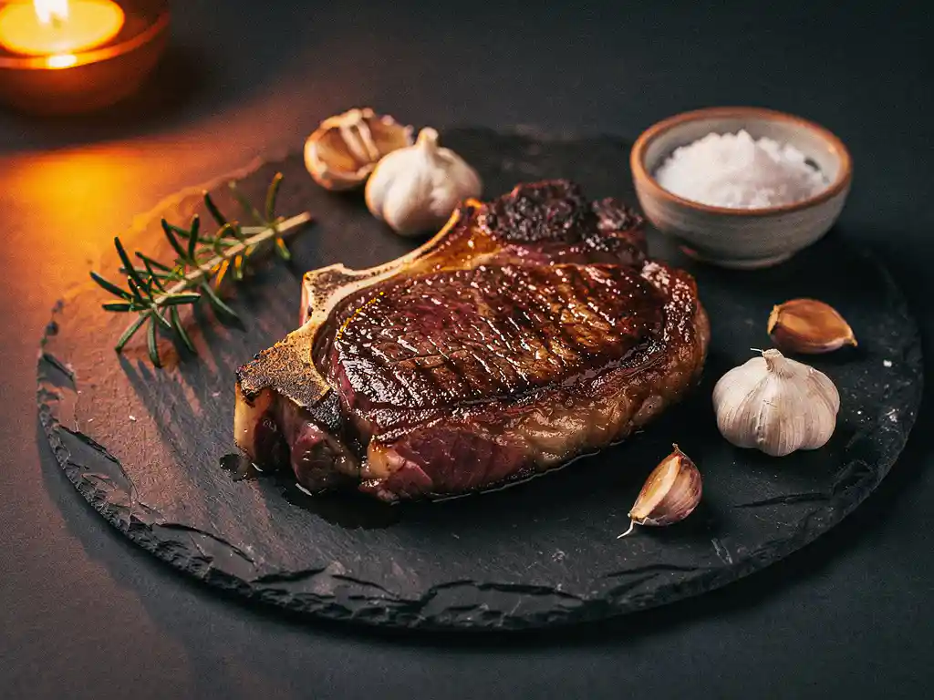 Perfectly seared premium steak on a dark slate board with flaky sea salt, lit by warm amber candlelight highlighting rich marbling.