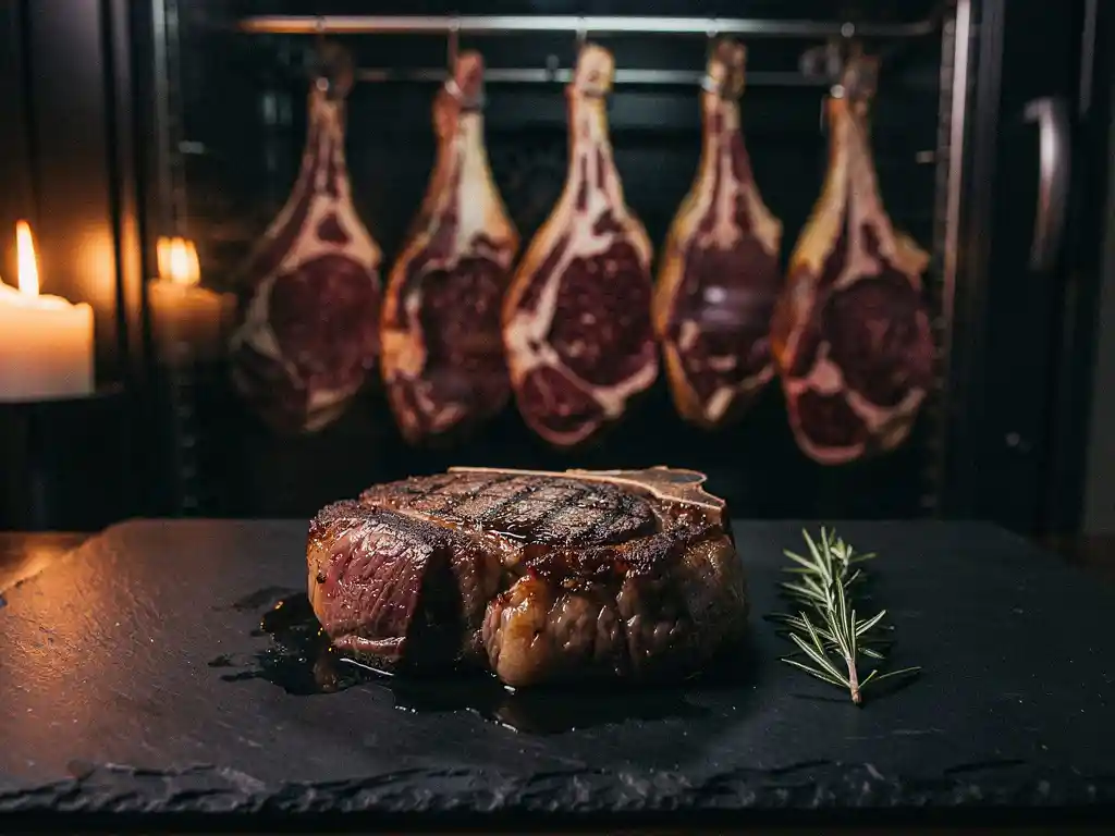 Dik gesneden dry-aged ribeye op leisteen met rozemarijntak, verlicht door kaarslicht met rijpe dry-aged stukken op de achtergrond.