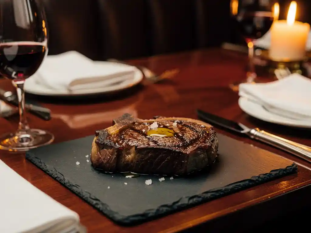 Thick-cut seared ribeye on a slate board at a candlelit business dinner table with crystal wine glasses and polished silverware.