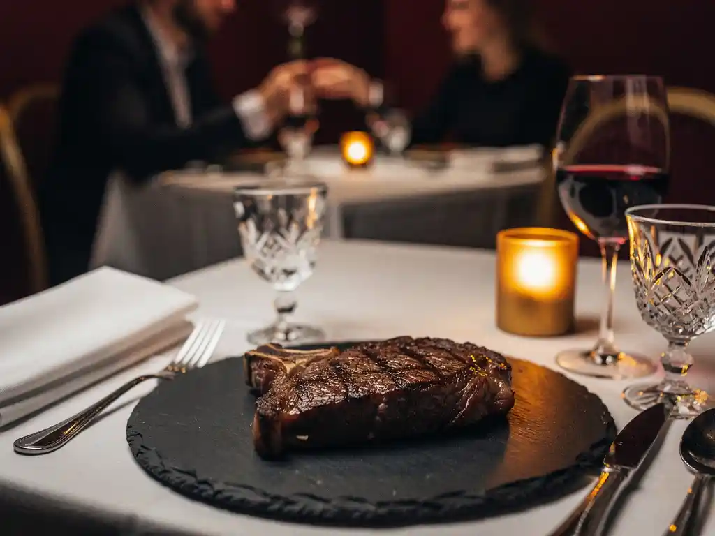 Seared ribeye steak on a slate plate at a candlelit romantic dinner table with wine glasses and white linen.
