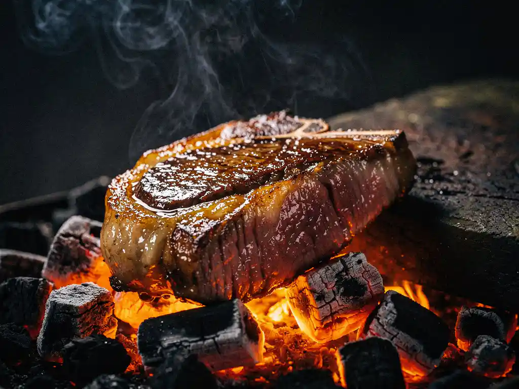 Thick-cut ribeye steak searing on glowing charcoal embers with caramelized crust and smoke rising, dramatic low-angle close-up.