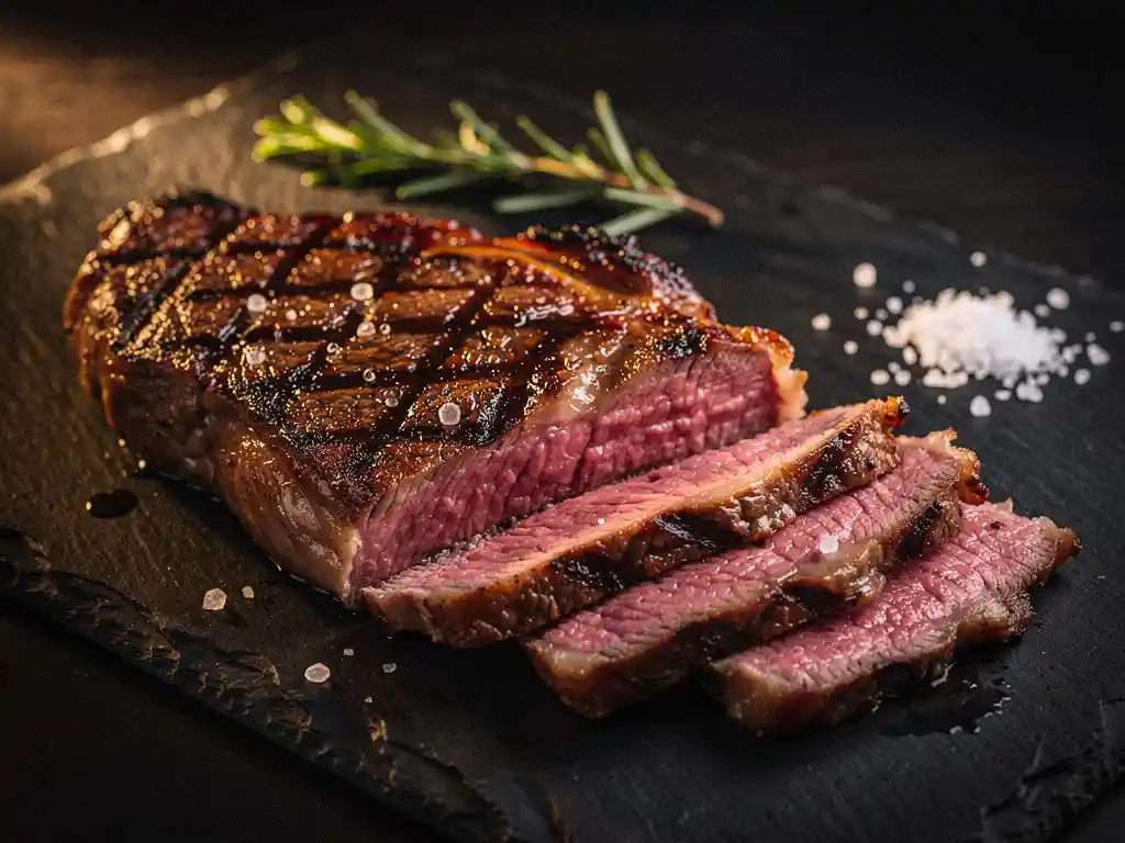 Thick-cut ribeye steak with crosshatch grill marks on a slate board, sliced to reveal a juicy pink center, with rosemary and flaky sea salt.