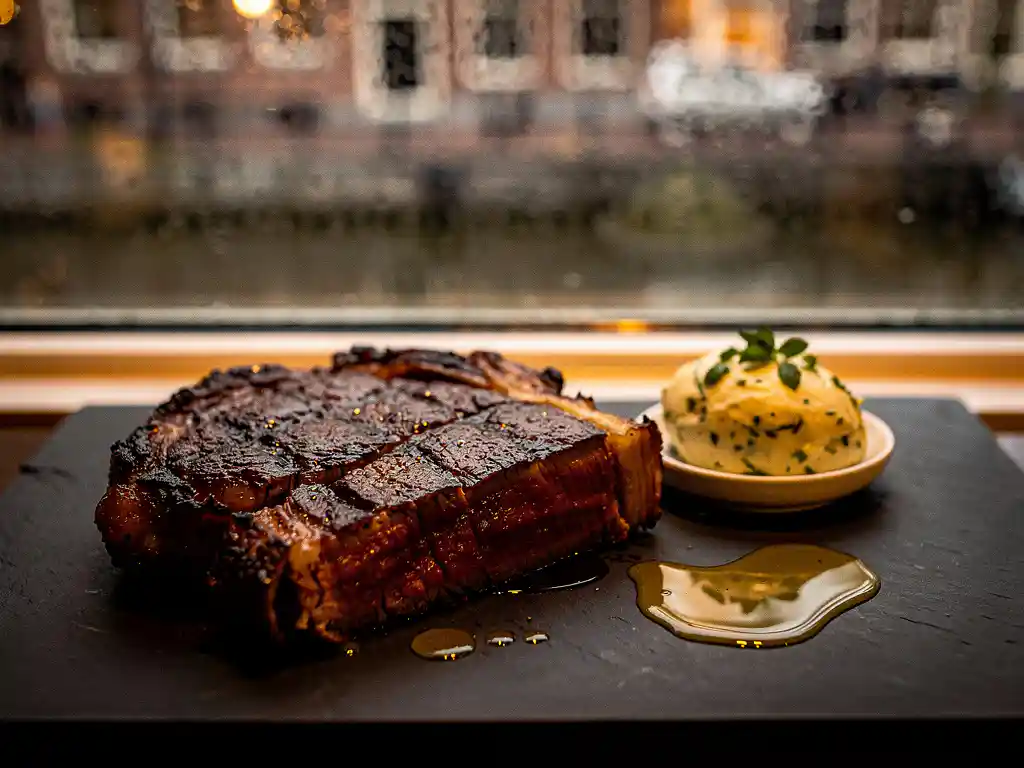 Thick-cut ribeye steak with charred crust on a slate board, herb butter melting alongside, Amsterdam canal visible through rain-streaked window.