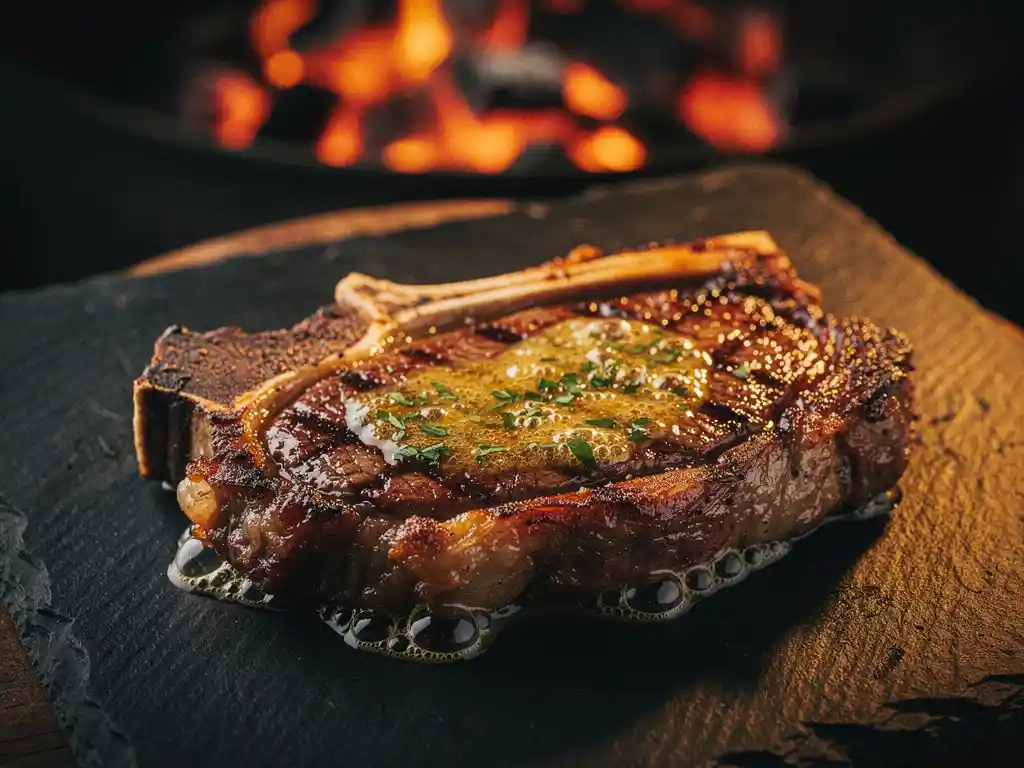 Thick ribeye steak with golden sear and melted herb butter on a dark slate board, charcoal grill softly blurred in background.