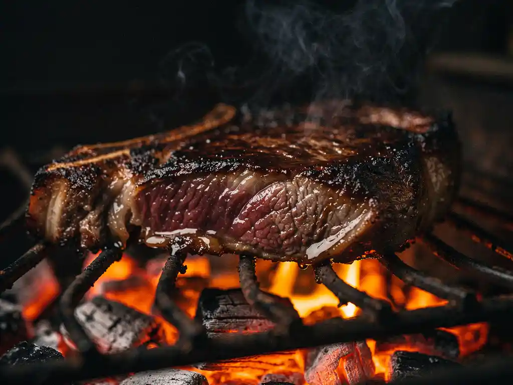 Ribeye steak die direct op gloeiende houtskoolkolen sist, met een donkere korst en opstijgende rook.