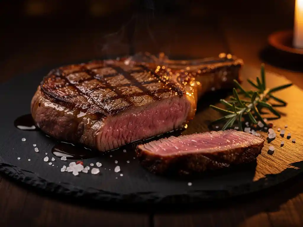 Gesneden ribeye steak met roze medium-rare kern op leisteen bord, omringd door rozemarijn en zeezoutkristallen in kaarslicht.