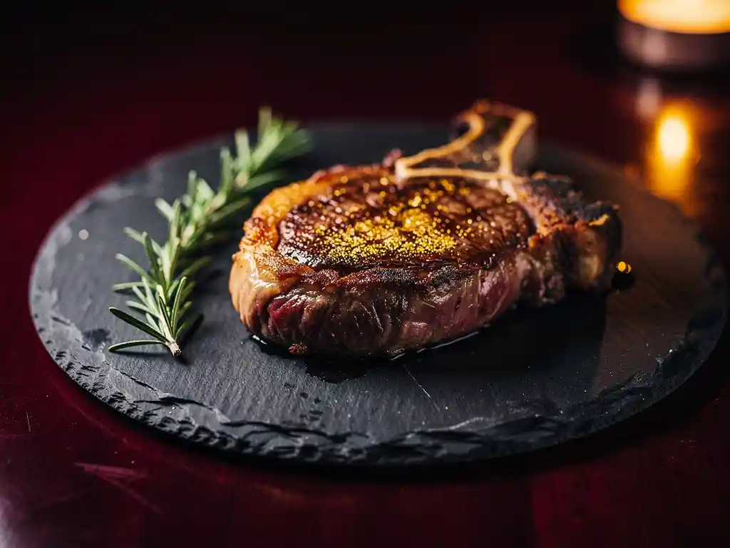 Thick-cut ribeye steak with golden-brown sear crust on a dark slate plate, fresh rosemary sprig, warm candlelight ambiance.