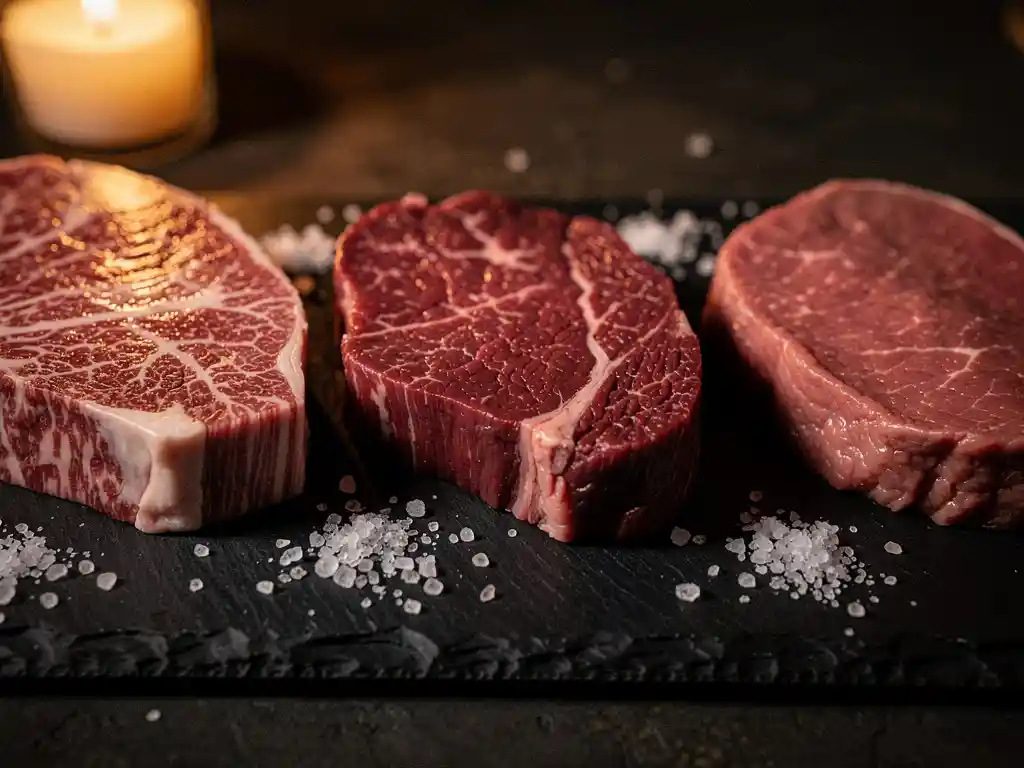 Drie rauwe steaks op een leistenen plank: gemarmerd Wagyu, donkerrood Angus en mager runderbiefstuk, bestrooid met grof zeezout.