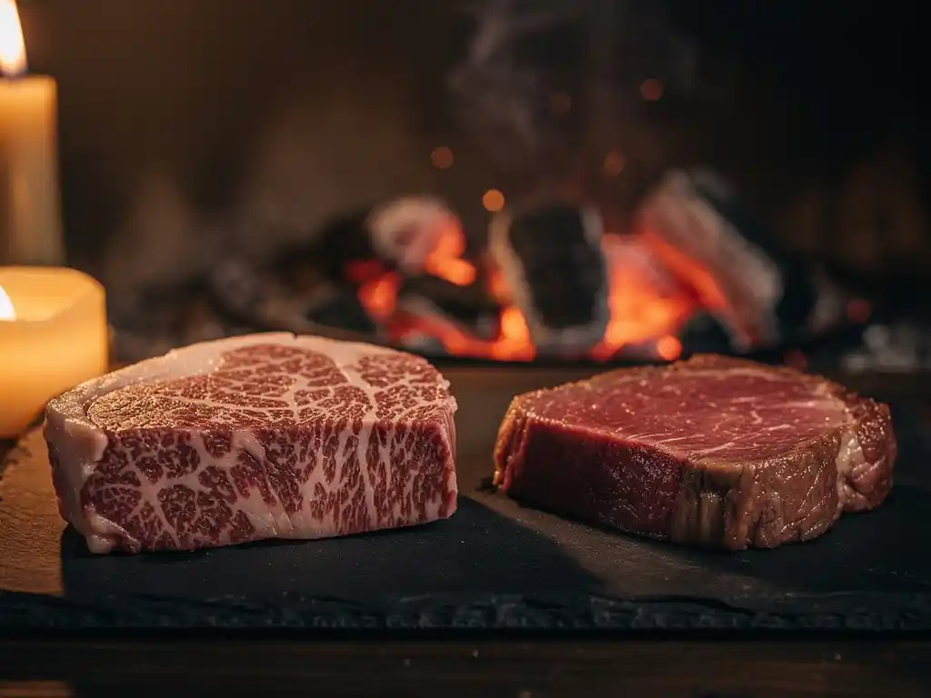 Wagyu steak with rich marbling beside a leaner Angus cut on a dark slate board, lit by warm candlelight with glowing grill embers behind.