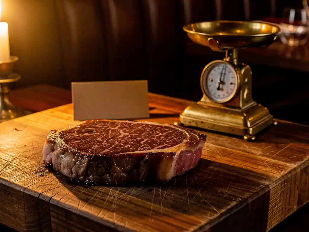 Thick-cut Wagyu ribeye on a worn butcher's block with a handwritten provenance card and vintage brass scale, lit by warm candlelight.