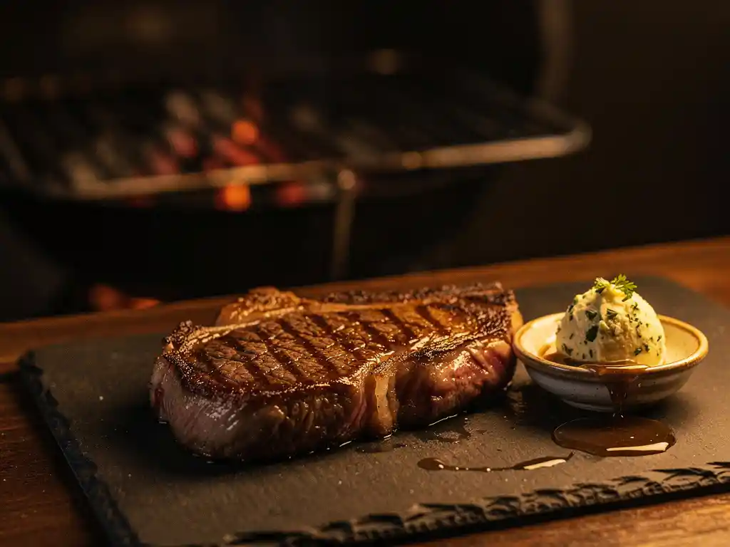 Goudbruin gegrilde wagyu steak op leisteen met smeltende kruidenboter, zachte kaarslichtsfeer in rustiek restaurant.