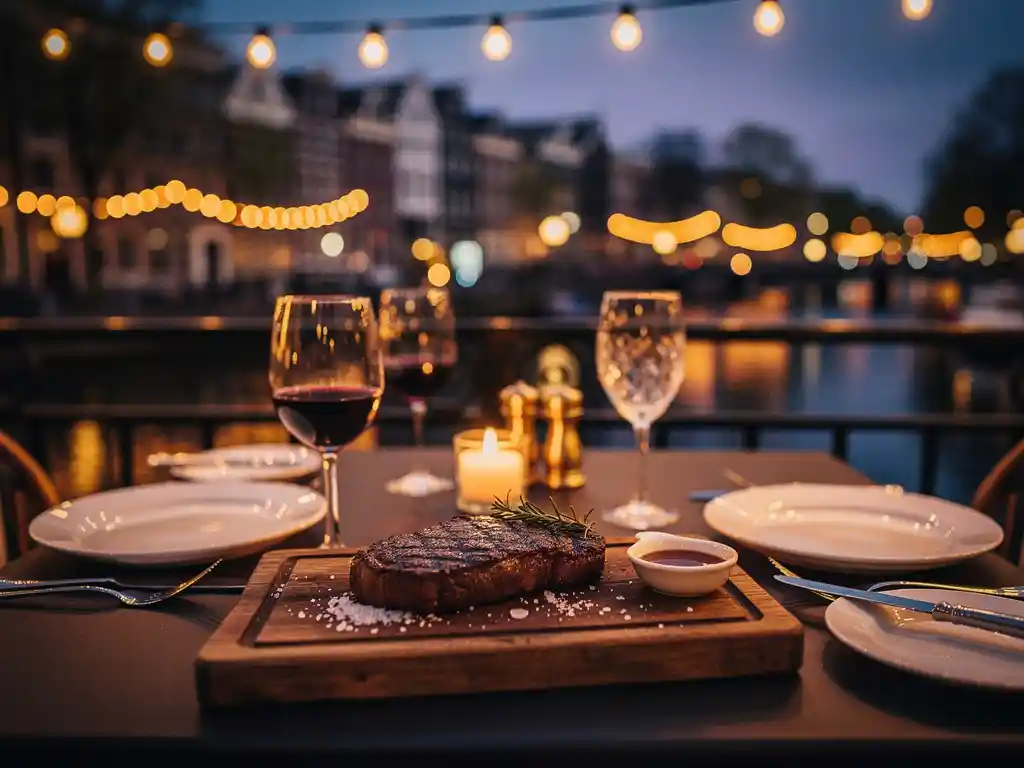 Gegrilde ribeye op houten plank, gedekte terrasstafel met kaarslicht en bistrolampen, Amsterdamse grachten op de achtergrond bij schemering.