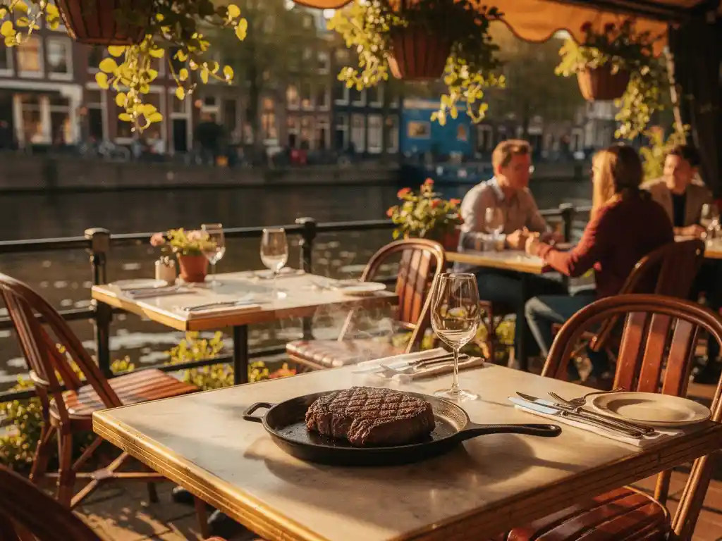 Gietijzeren bord met gegrild ribeye-steak op een zonnig Amsterdams kanaalterras met marmeren tafels en hangende beplanting.