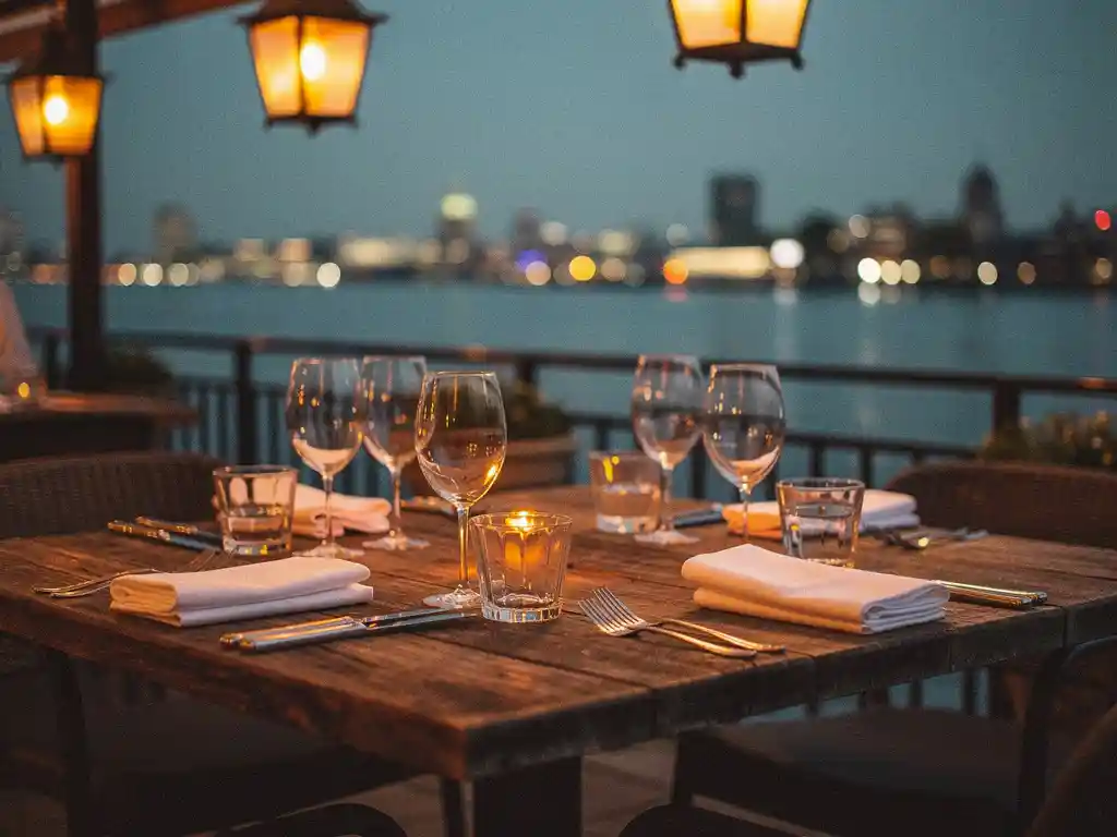 Kaarsverlicht terras van een Amsterdams steakhouse bij schemering, met uitzicht op het IJ-waterfront en sfeervolle amber lantaarns boven rustieke houten tafels.