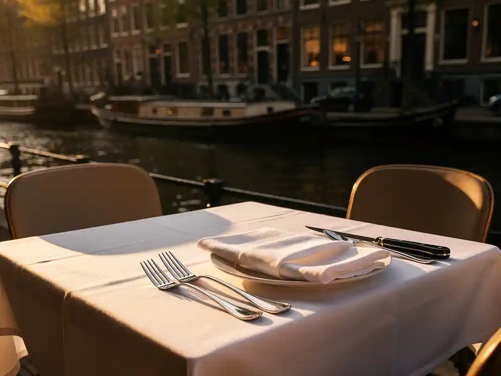 Gedekte restauranttafel met linnen servet en biefstukmes op Amsterdams kanaalterras, historische gevels en afgemeerde boten op de achtergrond.
