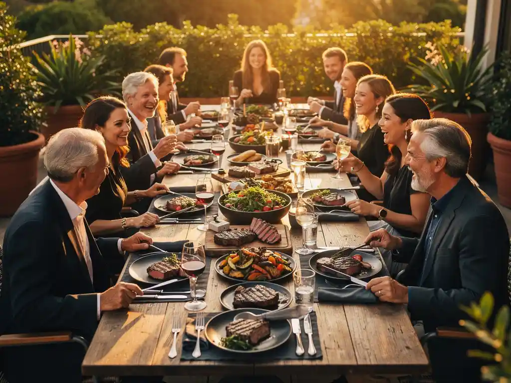 Lachende gasten in elegante kleding dineren op een zonnig terras met dikgesneden steaks en deelschotels op een lange houten tafel.