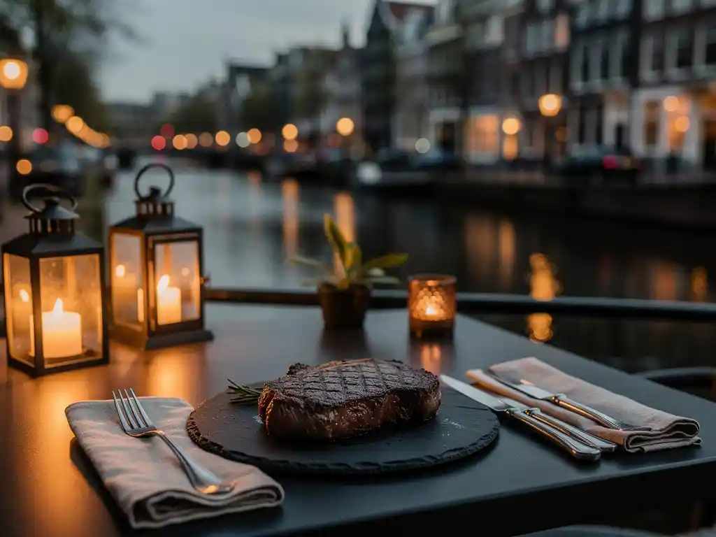 Gegrild biefstuk op leisteen bord op kaarslicht terras langs Amsterdams kanaal bij schemering, historische gevels op achtergrond.