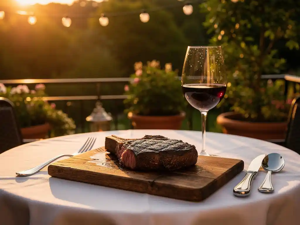Droog gerijpte steak op houten plank, terras bij gouden uur met kaarslicht, rode wijn en groene zomerbladeren op de achtergrond.