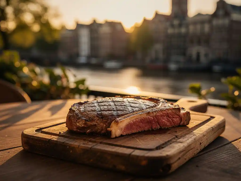 Gegrilde ribeye steak op rustiek houten plank, met Amsterdamse grachtenpanden en gouden zomerlucht op de achtergrond.