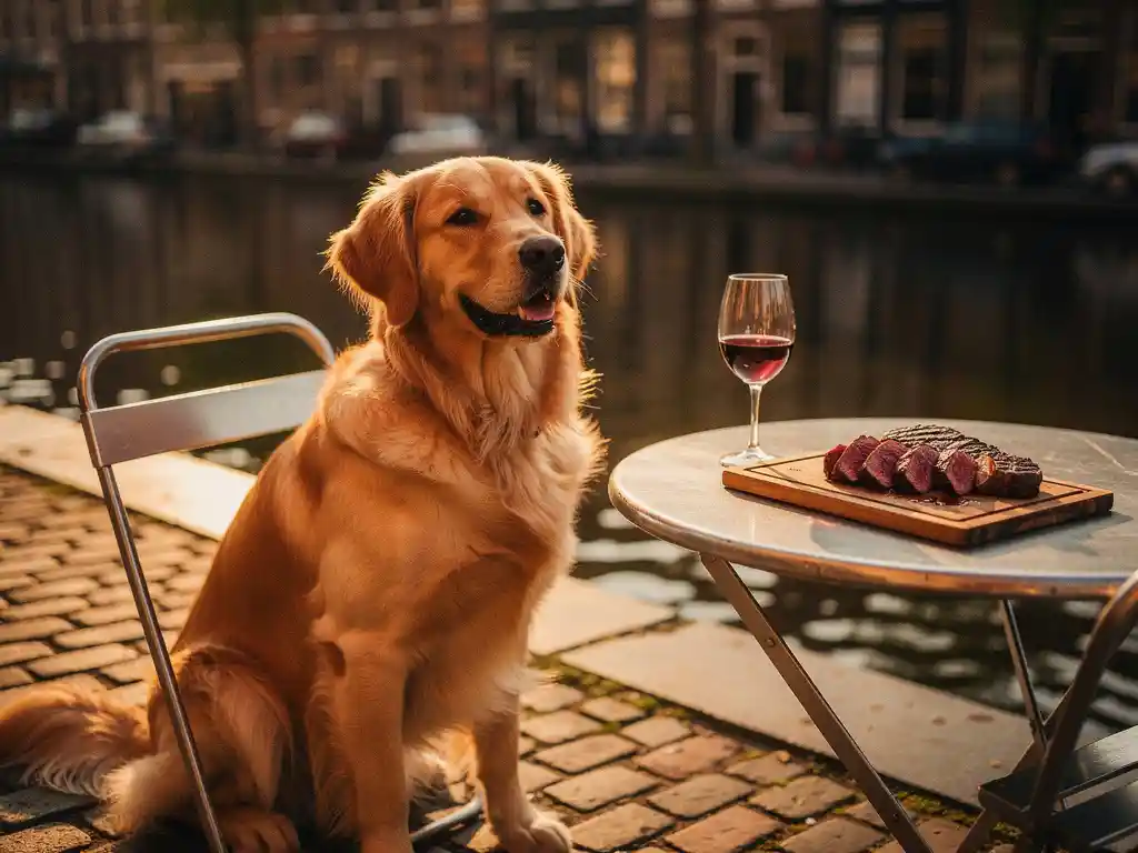 Goed verzorgde golden retriever op een zonnig Amsterdams kanaalterras naast een bistrostoel, met wijn en gegrild steak op tafel.