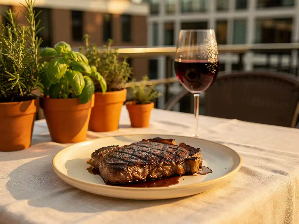 Gegrild premium steak op keramisch bord, terrastafeltje in Eindhoven met glas rode wijn en kruidenpotten in middagzon.