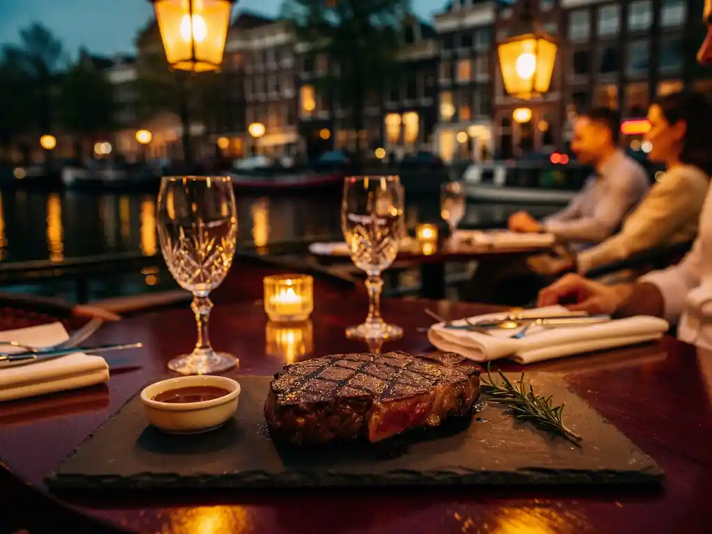 Kaarsverlicht terras van een steakhouse in Amsterdam bij schemering, met een perfect gegrild steak op een leisteen bord en kanaalreflecties op de achtergrond.