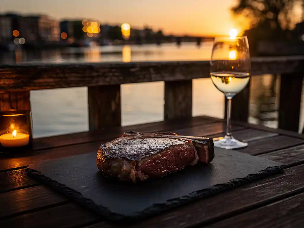 Dik gesneden ribeye op leisteen plank, terras met kaarslicht en uitzicht op het waterfront van Amsterdam-Noord bij gouden zonsondergang.