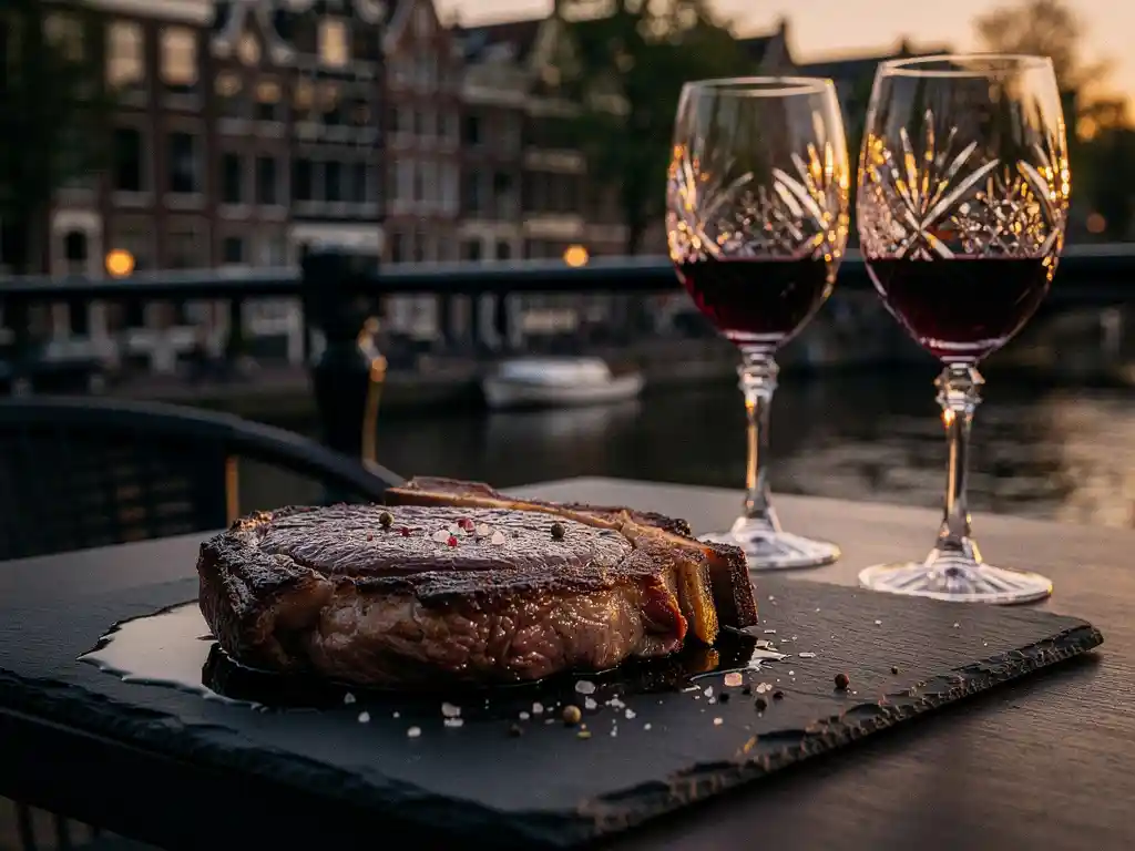 Dik gesneden ribeye op leisteen plank, kristallen wijnglazen in kaarslicht op Amsterdams terras met kanaalgrachten op de achtergrond.