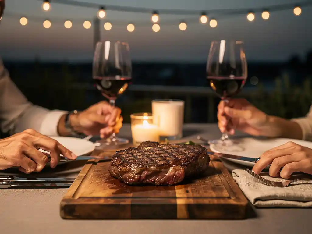 Dik gesneden ribeye op houten plank aan gedekte buitentafel, kaarslicht en rode wijn, collega's reiken naar het vlees in schemerlicht.