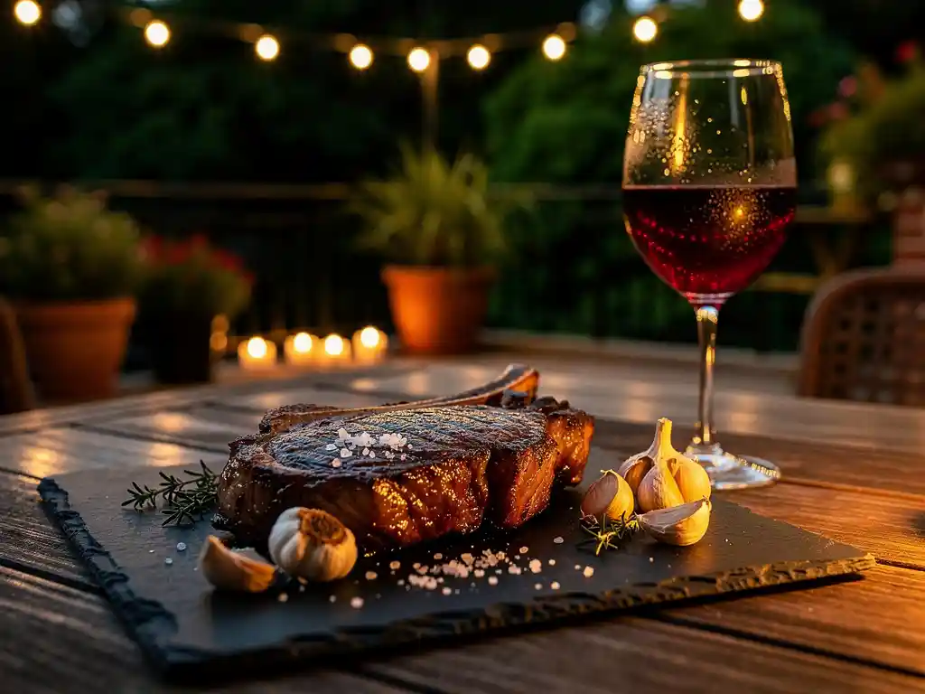 Dik gesneden ribeye op leisteen plank, verlicht door kaarsen en sfeerlichten op een zomers terras met een glas rode wijn.