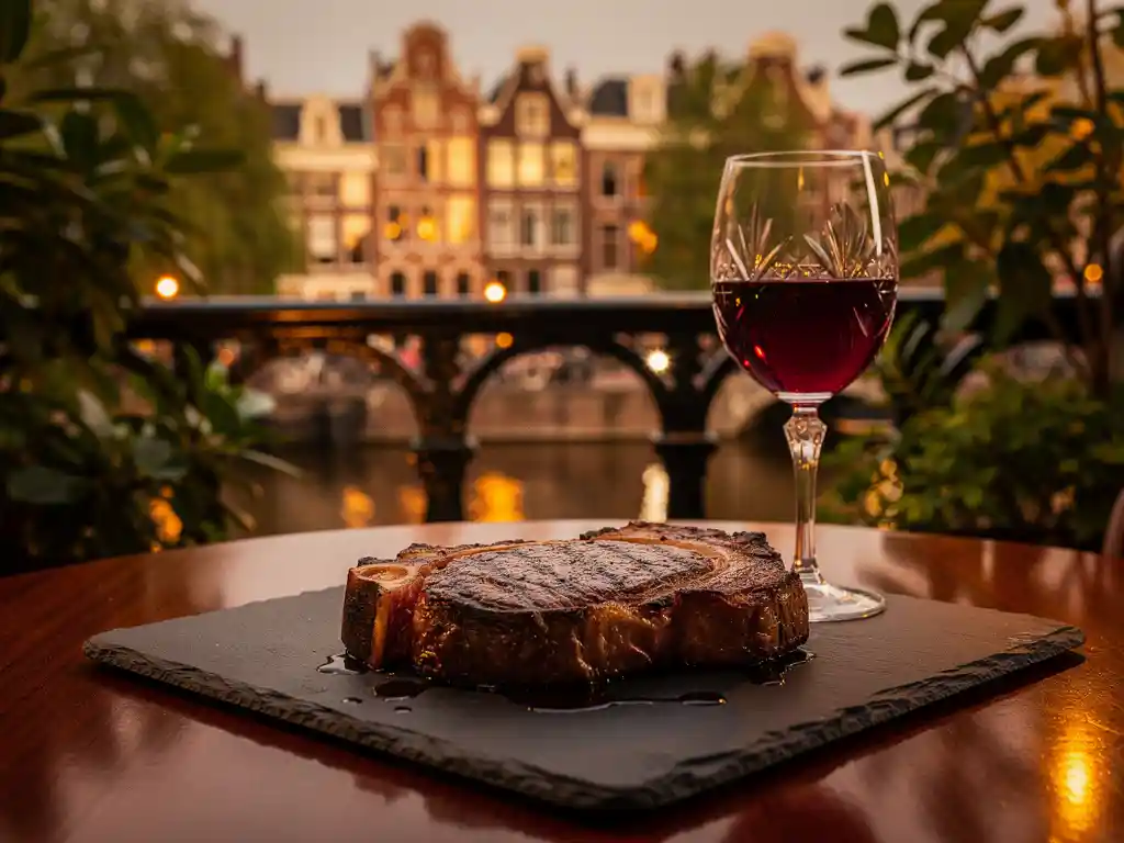 Gegrild ribeye-steak op leisteen bord met rood wijnglas, Amsterdamse grachtenpanden en gouden avondlicht op elegante terras.
