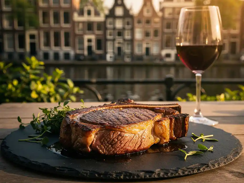 Dik gesneden ribeye steak met goudbruine korst op leisteen bord, Amsterdamse grachten op zonnig terras op de achtergrond.