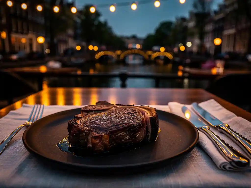 Dik gesneden ribeye steak op leisteen bord, kaarslicht terras met Amsterdamse grachtenhuizen op de achtergrond bij schemering.