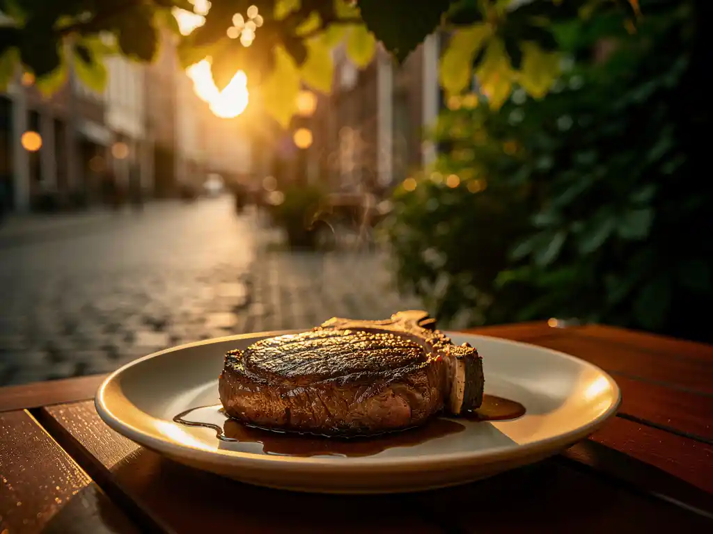 Gegrilde ribeye steak op keramisch bord bij kaarslicht op terras in Eindhoven, omringd door weelderig groen in gouden avondlicht.