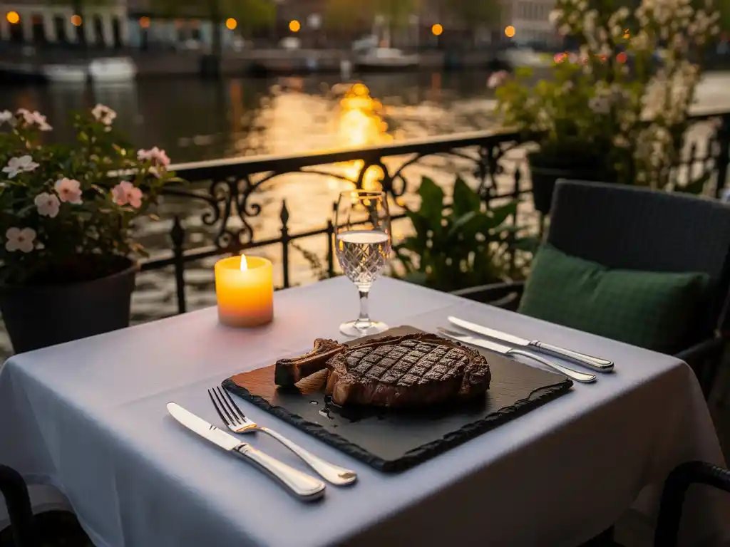 Gegrild ribeye-steak op een leisteen bord, verlicht terras van een Amsterdams steakhouse bij schemering met kaarslicht en kanalereflecties.