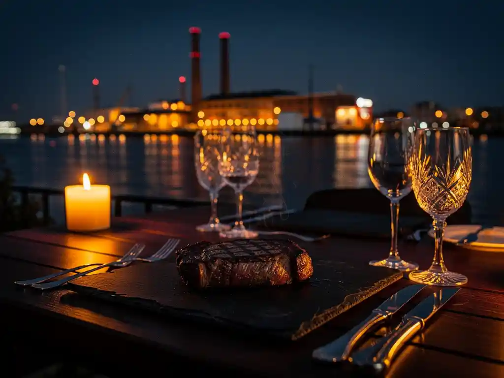 Kaarsverlicht terras met gegrild ribeye op leisteen, uitzicht op het IJ en de industriële skyline van Amsterdam-Noord in de schemering.