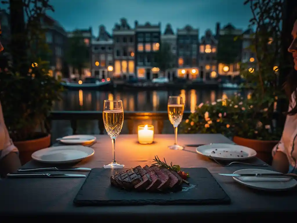 Kaarsverlicht terras met premium steak op leisteen bord en champagneglazen, uitkijkend over Amsterdamse grachten bij schemering.