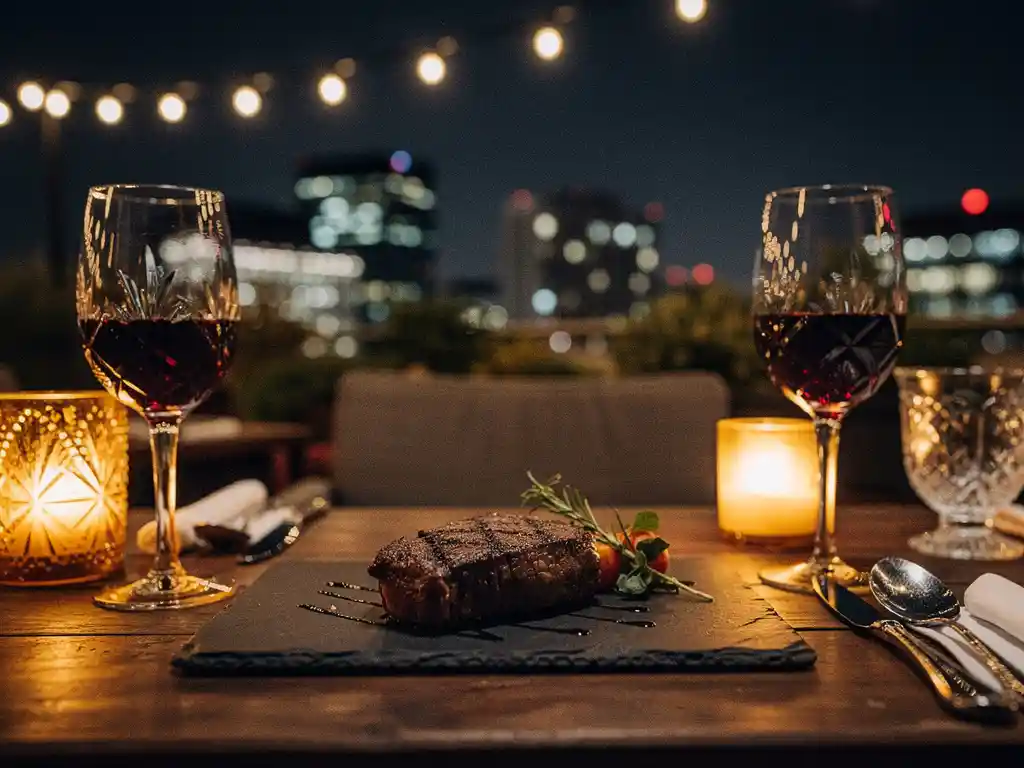 Kaarslicht terras in Eindhoven met premium steak op leisteen bord, kristallen wijnglazen en sfeervol bokeh stadsgezicht op de achtergrond.