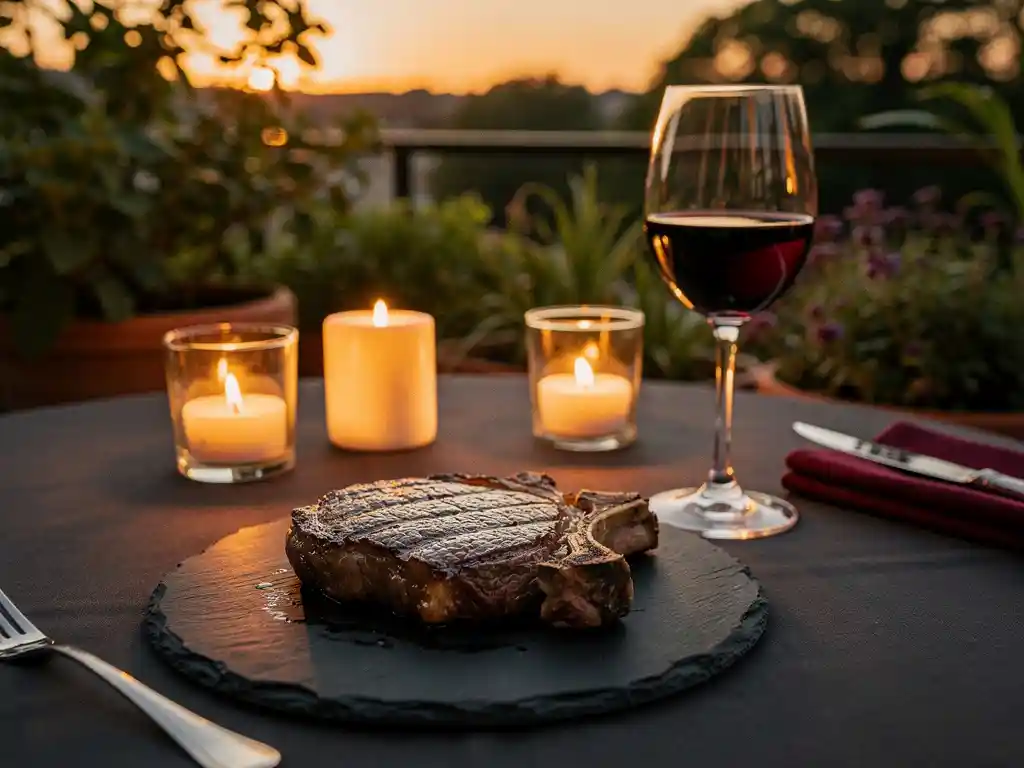 Sappige steak op leisteen bord bij kaarslicht op romantisch terras voor twee, rode wijn en groen op de achtergrond.