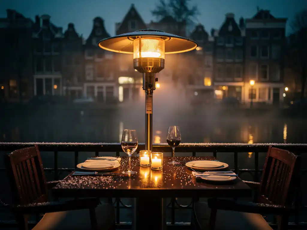 Verlicht terras met staande heater, kaarslicht en gedekte tafel voor twee, sfeervolle steakhouse-setting langs Amsterdamse gracht in avondmist.
