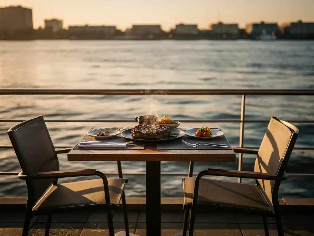 Gegrild biefstuk op terras aan het IJ in Amsterdam-Noord, met elegante buitenstoelen en gouden avondlicht op het water.