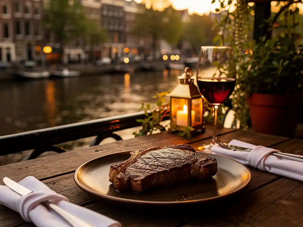 Gegrild biefstuk op rustieke houten tafel met rood wijnglas op kaarsverlicht terras aan Amsterdamse gracht bij gouden uur.