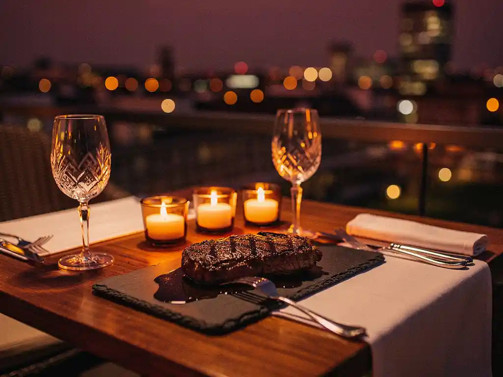 Gegrild steak op leisteen met kaarslicht en uitzicht op de skyline van Eindhoven tijdens schemering.