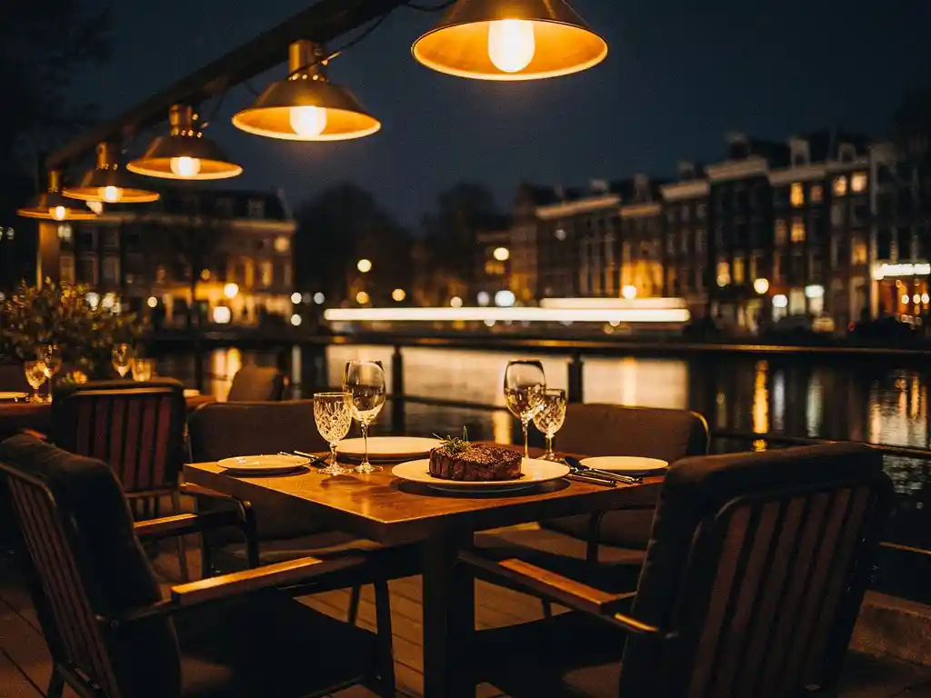 Verwarmd terras in Amsterdam met sizzling steak en wijnglazen, gouden gloed van warmtelampen, kanalenreflecties op de achtergrond.