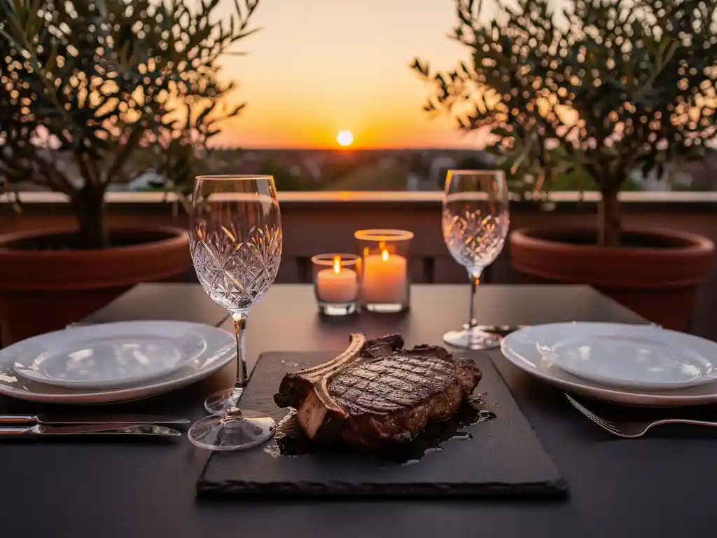 Kaarsverlicht terrastafeltje in Eindhoven met gegrild bone-in ribeye op leisteen, polished wijnglazen en olijfbomen op zomerse gouden-uursavond.