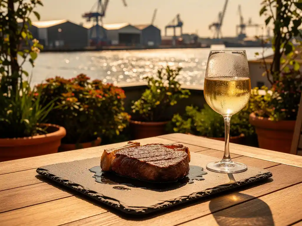Gegrild biefstuk op leisteen met glas witte wijn op zonnig terras met uitzicht op het industriële IJ-oever in Amsterdam-Noord.