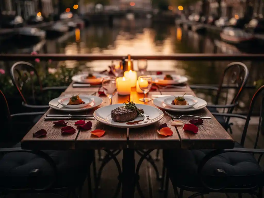 Kaarsverlicht terras met dry-aged steak op verjaardagsdiner, rozenblaadjes en Amsterdamse grachtenreflecties op de achtergrond.