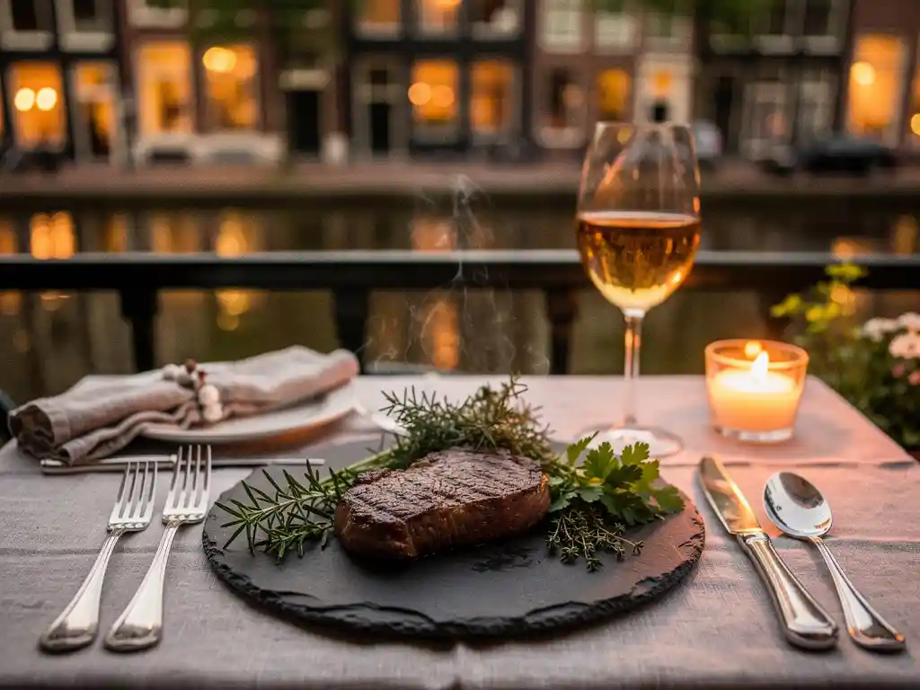 Dik gesneden steak op leisteen bord met verse kruiden, gedekte terrastafel bij kaarslicht met Amsterdamse grachtenhuizen in gouden avondlicht.